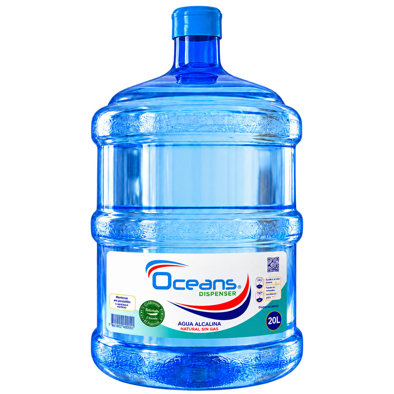 Botellón OCEANS de agua alcalina de 20 litros con fondo transparente